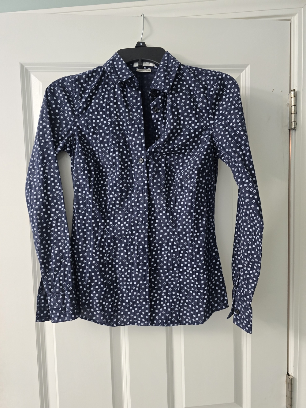 Van Heusen Navy Blue Button-Down Shirt with White Dot Print